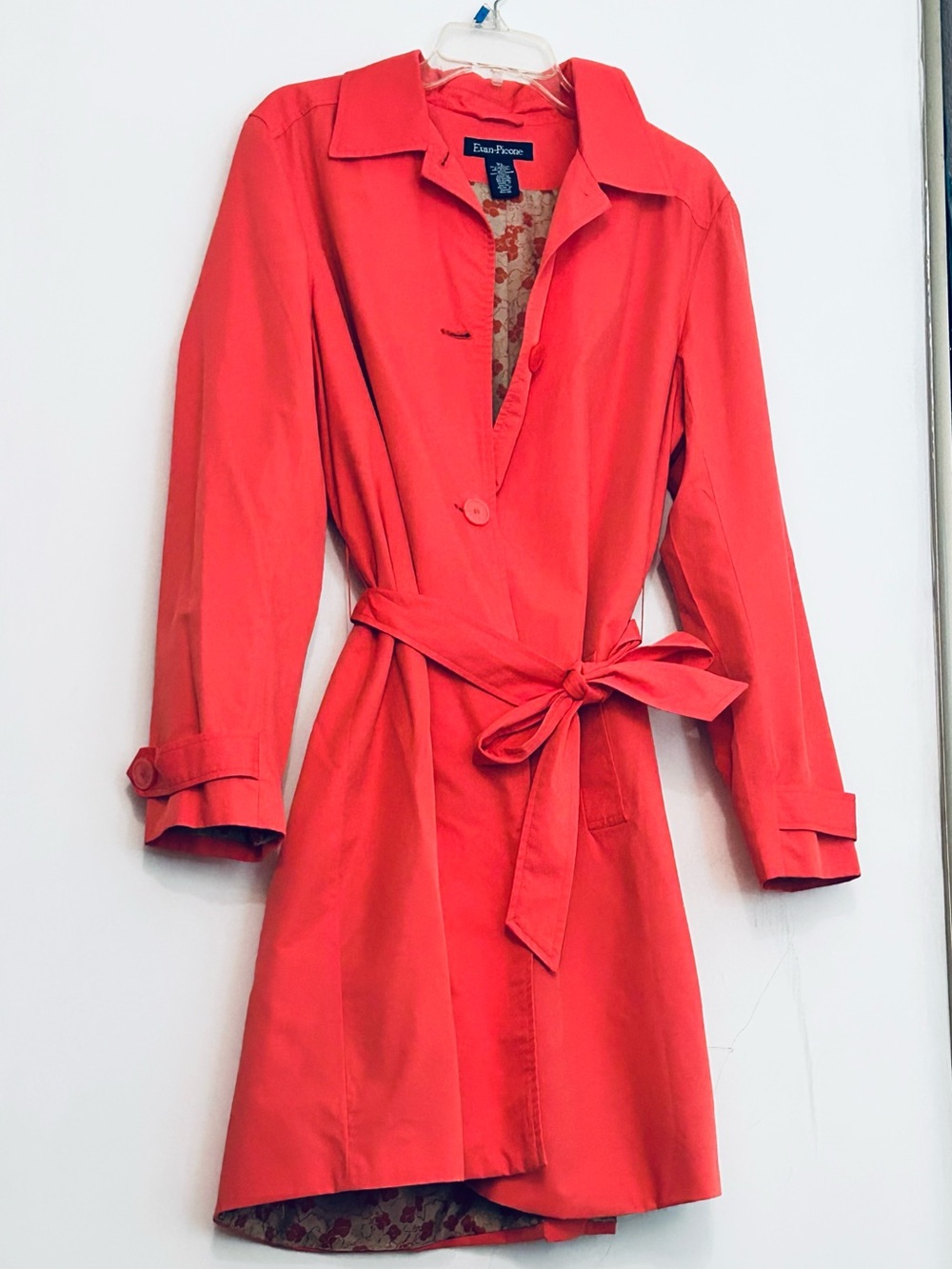 Coral-Red Self-Tie Trench Coat